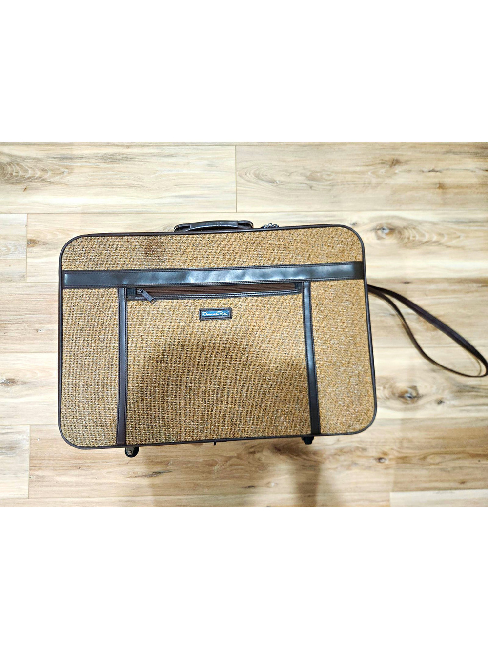 Oscar de la Renta Brown Beige Tweed Faux Leather Soft Rolling Suitcase 25"
